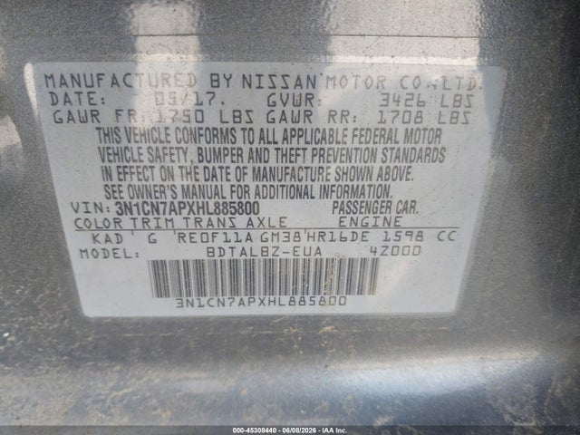 Aukcja sprzedaży 2017 Nissan Versa 1.6 Sv, vin: 3N1CN7APXHL885800, numer aukcji: 45308440