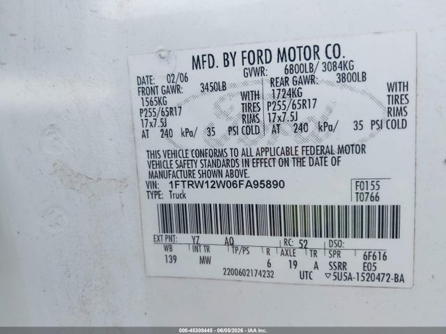 Aukcja sprzedaży 2006 Ford F-150 Xlt, vin: 1FTRW12W06FA95890, numer aukcji: 45308445