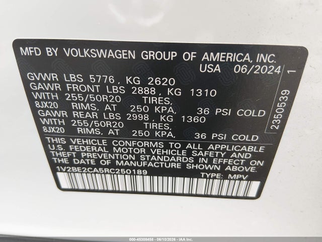 Продажа на аукционе авто 2024 Volkswagen Atlas Cross Sport 2.0t Sel, vin: 1V2BE2CA5RC250189, номер лота: 45308458