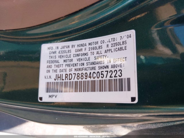2004 Honda Cr-v Ex მანქანა იყიდება აუქციონზე, vin: JHLRD78894C057223, აუქციონის ნომერი: 45308488