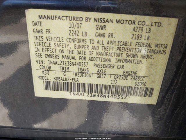 Aukcja sprzedaży 2008 Nissan Altima 2.5/2.5s, vin: 1N4AL21E38N440557, numer aukcji: 45308547