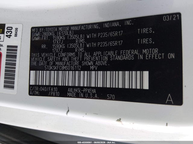 Aukcja sprzedaży 2021 Toyota Sienna Le, vin: 5TDKSKFC8MS016112, numer aukcji: 45308561