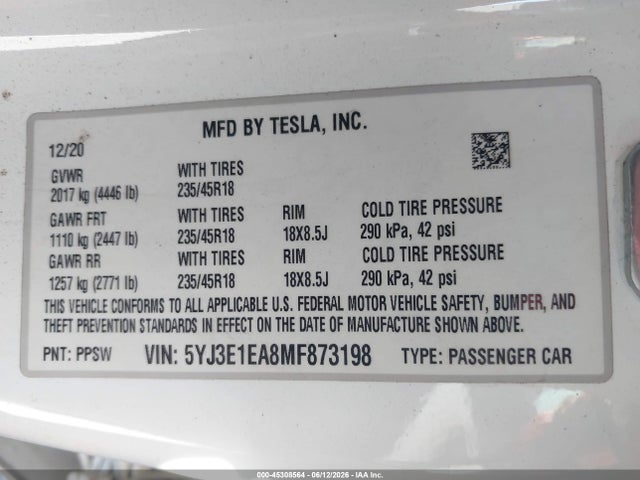 Tesla Model 3 Standard Range Plus Rear-wheel Drive 2021 5YJ3E1EA8MF873198 Image 9