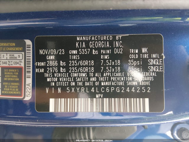 2023 Kia Sorento S მანქანა იყიდება აუქციონზე, vin: 5XYRL4LC6PG244252, აუქციონის ნომერი: 45308571