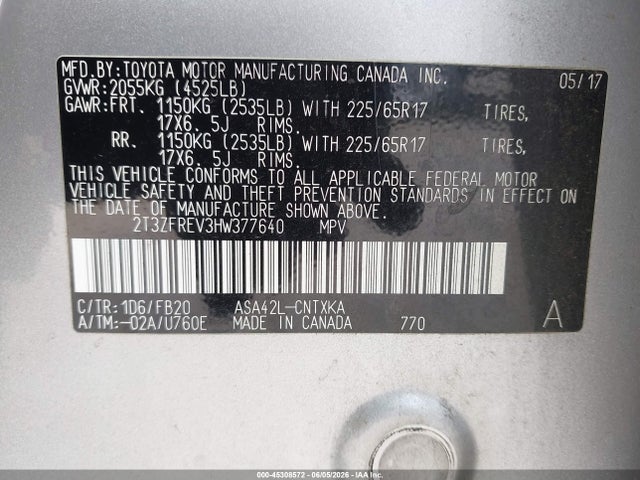45308572 :رقم المزاد ، 2T3ZFREV3HW377640 vin ، 2017 Toyota Rav4 Le مزاد بيع