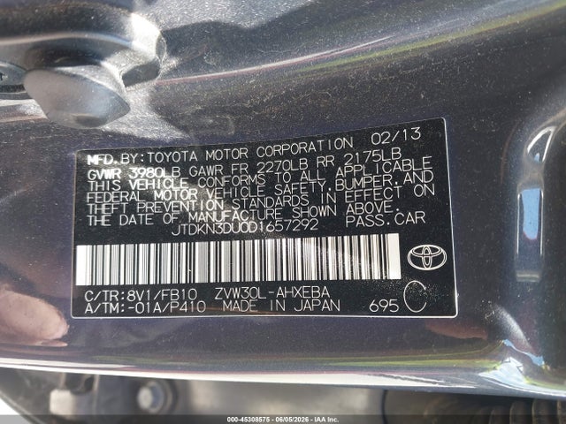 Aukcja sprzedaży 2013 Toyota Prius Two, vin: JTDKN3DU0D1657292, numer aukcji: 45308575