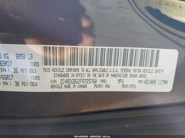 45308584 :رقم المزاد ، 2C4RDGBG2FR725760 vin ، 2015 Dodge Grand Caravan American Value Pkg مزاد بيع
