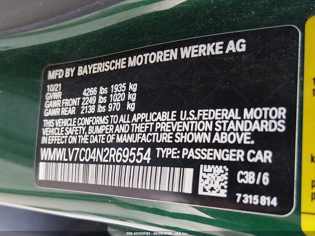 Продаж на аукціоні авто 2022 Mini Clubman Cooper S, vin: WMWLV7C04N2R69554, номер лоту: 45308593