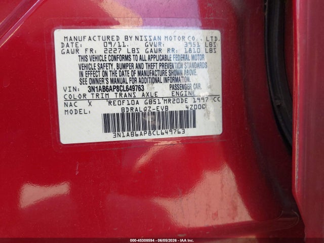 Aukcja sprzedaży 2012 Nissan Sentra 2.0, vin: 3N1AB6AP8CL649763, numer aukcji: 45308594