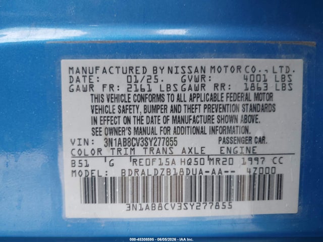 45308595 :رقم المزاد ، 3N1AB8CV3SY277855 vin ، 2025 Nissan Sentra Sv مزاد بيع