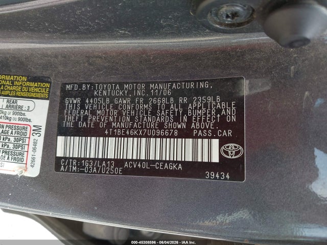 Продажа на аукционе авто 2007 Toyota Camry Xle, vin: 4T1BE46KX7U096678, номер лота: 45308596