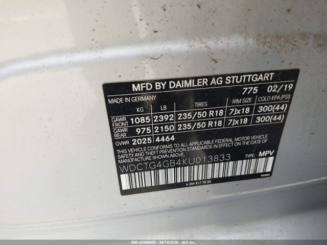 Aukcja sprzedaży 2019 Mercedes-benz Gla 250 4matic, vin: WDCTG4GB4KU013833, numer aukcji: 45308605