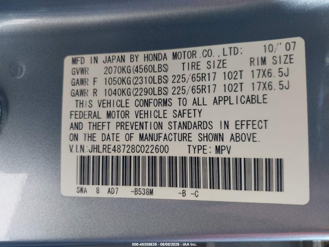 Aukcja sprzedaży 2008 Honda Cr-v Ex-l, vin: JHLRE48728C022600, numer aukcji: 45308639