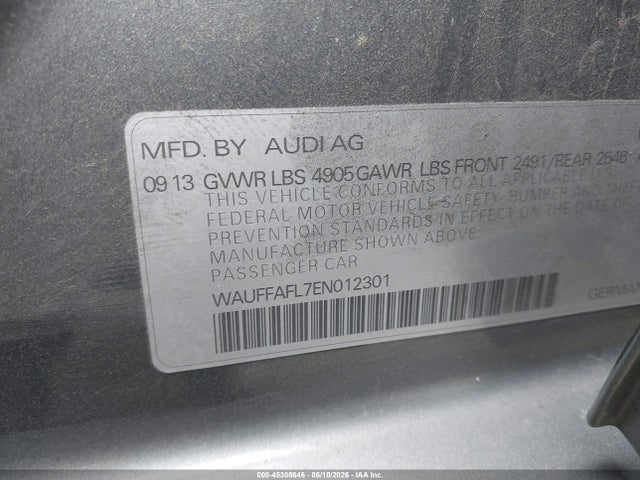 2014 Audi A4 2.0t Premium მანქანა იყიდება აუქციონზე, vin: WAUFFAFL7EN012301, აუქციონის ნომერი: 45308646