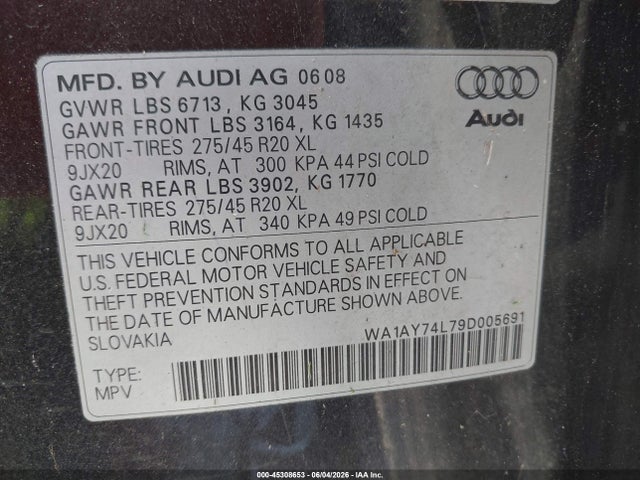 45308653 :رقم المزاد ، WA1AY74L79D005691 vin ، 2009 Audi Q7 3.6 Premium مزاد بيع