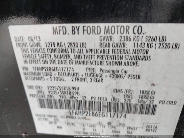 Продаж на аукціоні авто 2014 Ford Taurus Sel, vin: 1FAHP2E86EG117174, номер лоту: 45308654