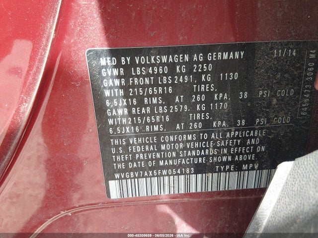 Aukcja sprzedaży 2015 Volkswagen Tiguan S, vin: WVGBV7AX5FW054183, numer aukcji: 45308659
