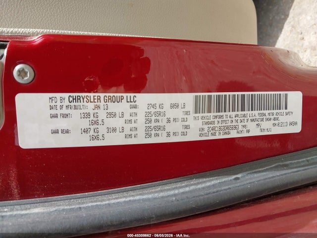 45308662 :رقم المزاد ، 2C4RC1BG3DR656963 vin ، 2013 Chrysler Town & Country Touring مزاد بيع
