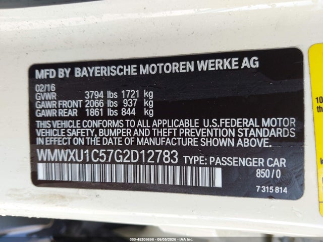 Продаж на аукціоні авто 2016 Mini Hardtop Cooper, vin: WMWXU1C57G2D12783, номер лоту: 45308698