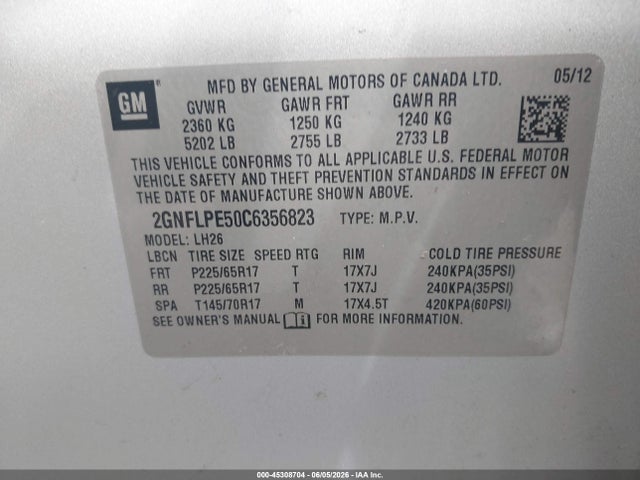 45308704 :رقم المزاد ، 2GNFLPE50C6356823 vin ، 2012 Chevrolet Equinox 2lt مزاد بيع
