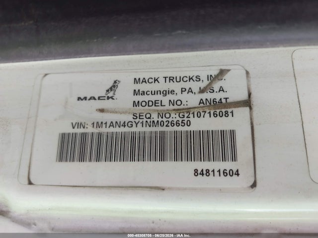 2022 Mack Anthem მანქანა იყიდება აუქციონზე, vin: 1M1AN4GY1NM026650, აუქციონის ნომერი: 45308705
