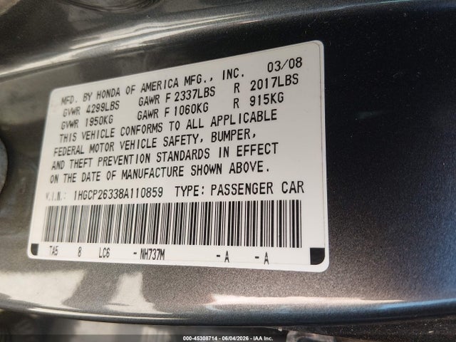 45308714 :رقم المزاد ، 1HGCP26338A110859 vin ، 2008 Honda Accord 2.4 Lx مزاد بيع