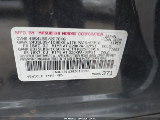 45308722 :رقم المزاد ، JA4LS31W38Z013080 vin ، 2008 Mitsubishi Outlander Se مزاد بيع