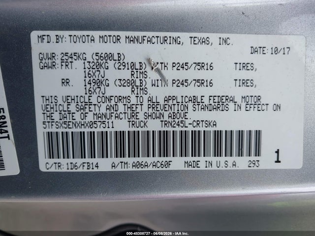 Aukcja sprzedaży 2017 Toyota Tacoma Sr, vin: 5TFSX5ENXHX057511, numer aukcji: 45308727