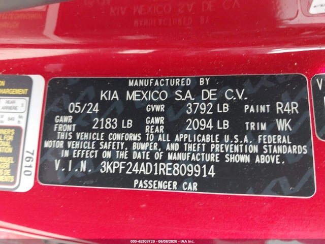 Auction sale of the 2024 Kia Forte Lxs, vin: 3KPF24AD1RE809914, lot number: 45308729