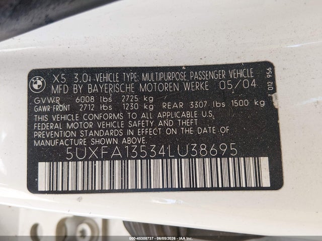 Aukcja sprzedaży 2004 Bmw X5 3.0i, vin: 5UXFA13534LU38695, numer aukcji: 45308737