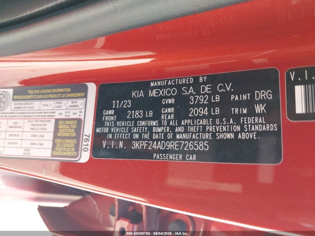 2024 Kia Forte Lxs მანქანა იყიდება აუქციონზე, vin: 3KPF24AD9RE726585, აუქციონის ნომერი: 45308765
