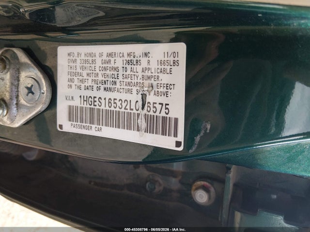 2002 Honda Civic Lx მანქანა იყიდება აუქციონზე, vin: 1HGES16532L016575, აუქციონის ნომერი: 45308796