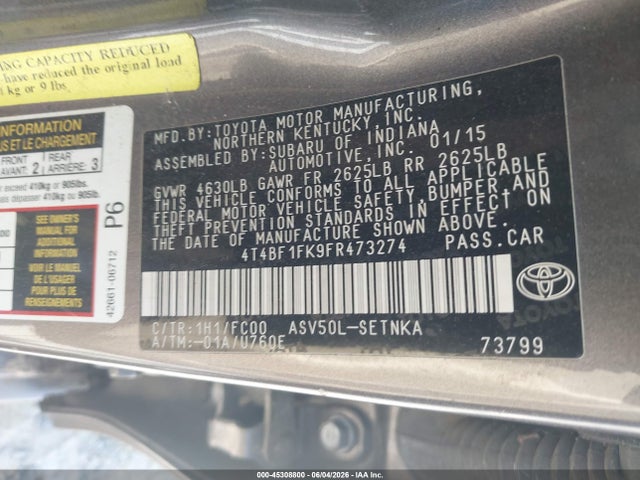 2015 Toyota Camry Le მანქანა იყიდება აუქციონზე, vin: 4T4BF1FK9FR473274, აუქციონის ნომერი: 45308800