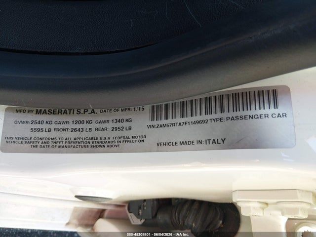 Aukcja sprzedaży 2015 Maserati Ghibli S Q4, vin: ZAM57RTA7F1149692, numer aukcji: 45308801