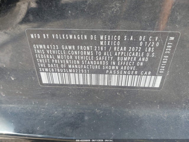 2020 Volkswagen Jetta 1.4t R-line/1.4t S/1.4t Se მანქანა იყიდება აუქციონზე, vin: 3VWCB7BU3LM022931, აუქციონის ნომერი: 45308809
