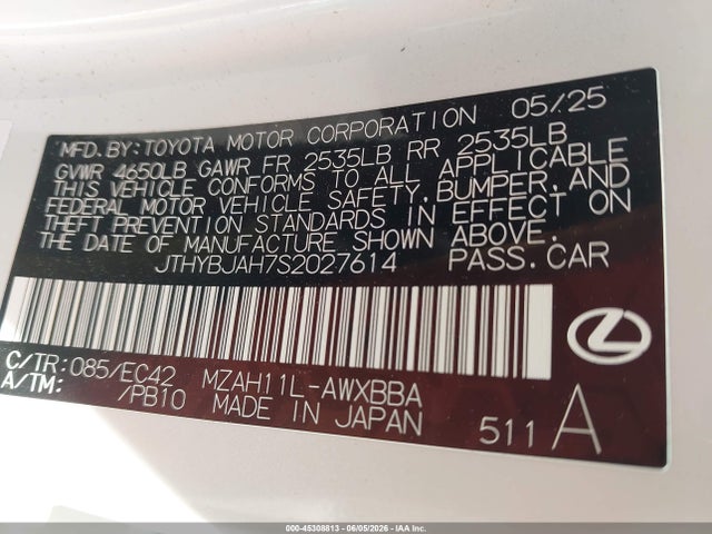 2025 Lexus Ux 300h Premium მანქანა იყიდება აუქციონზე, vin: JTHYBJAH7S2027614, აუქციონის ნომერი: 45308813