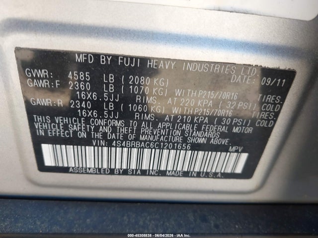 Aukcja sprzedaży 2012 Subaru Outback 2.5i, vin: 4S4BRBAC6C1201656, numer aukcji: 45308838