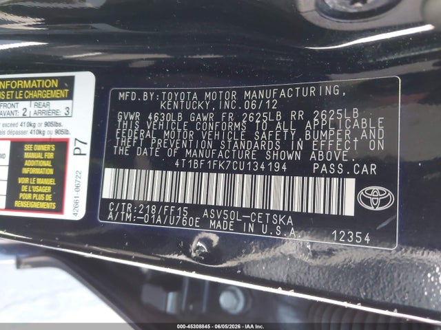 45308845 :رقم المزاد ، 4T1BF1FK7CU134194 vin ، 2012 Toyota Camry Se مزاد بيع