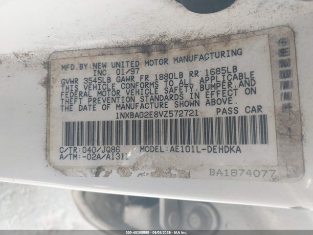 1997 Toyota Corolla Std მანქანა იყიდება აუქციონზე, vin: 1NXBA02E8VZ572721, აუქციონის ნომერი: 45308859