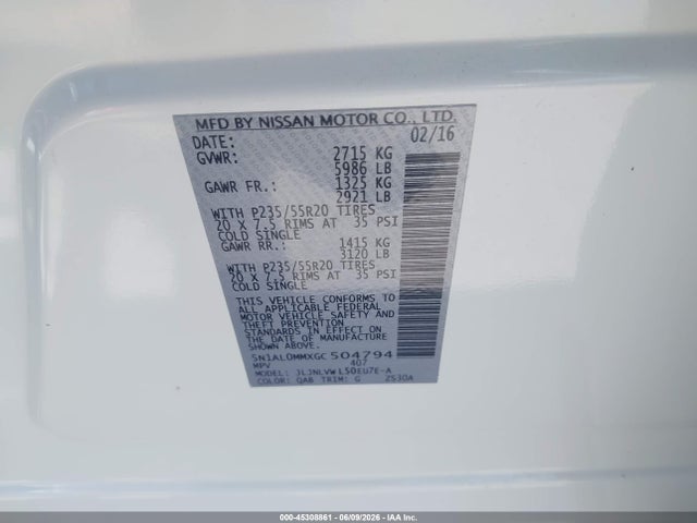 45308861 :رقم المزاد ، 5N1AL0MMXGC504794 vin ، 2016 Infiniti Qx60 مزاد بيع