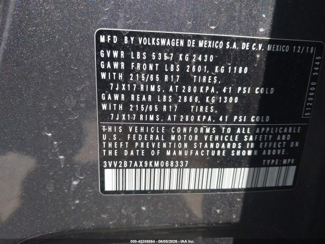 45308864 :رقم المزاد ، 3VV2B7AX9KM068337 vin ، 2019 Volkswagen Tiguan 2.0t Se/2.0t Sel/2.0t Sel R-line/2.0t Sel R-line Black مزاد بيع