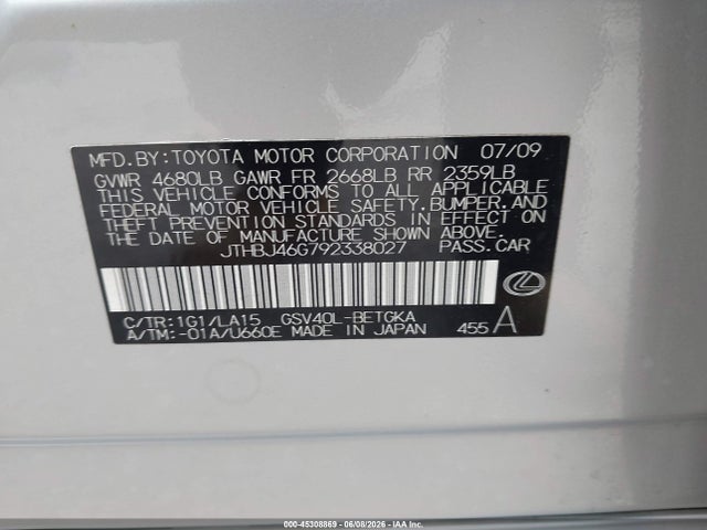 Aukcja sprzedaży 2009 Lexus Es 350, vin: JTHBJ46G792338027, numer aukcji: 45308869