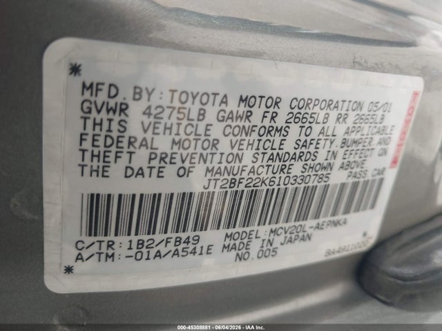 2001 Toyota Camry Le V6 მანქანა იყიდება აუქციონზე, vin: JT2BF22K610330785, აუქციონის ნომერი: 45308881