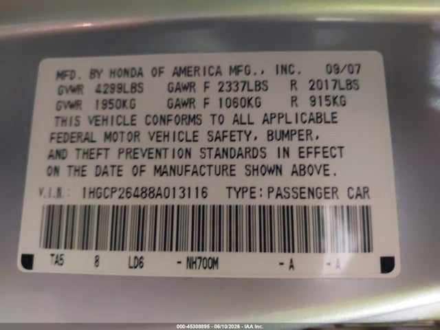 Aukcja sprzedaży 2008 Honda Accord 2.4 Lx-p, vin: 1HGCP26488A013116, numer aukcji: 45308895