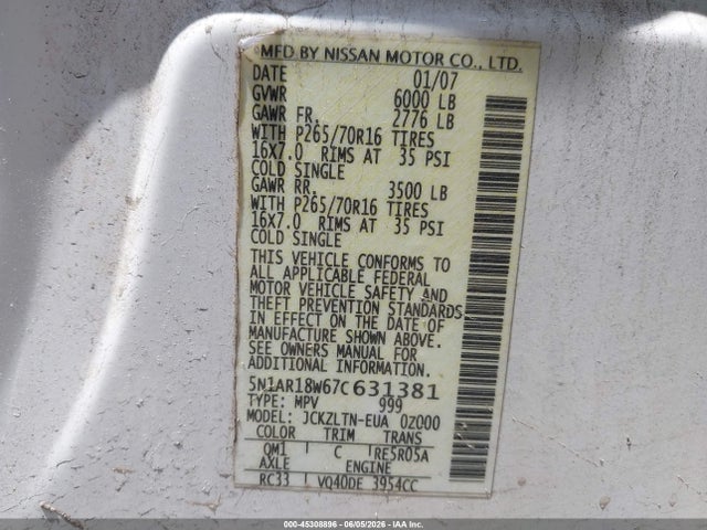 Продаж на аукціоні авто 2007 Nissan Pathfinder Se, vin: 5N1AR18W67C631381, номер лоту: 45308896