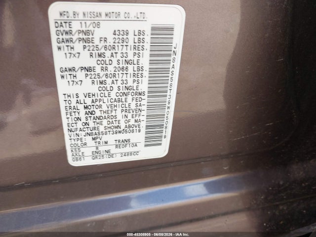 Aukcja sprzedaży 2009 Nissan Rogue Sl, vin: JN8AS58T39W050819, numer aukcji: 45308905