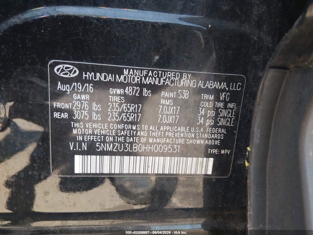 2017 Hyundai Santa Fe Sport 2.4l მანქანა იყიდება აუქციონზე, vin: 5NMZU3LB0HH009531, აუქციონის ნომერი: 45308907