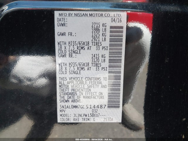 Продажа на аукционе авто 2016 Infiniti Qx60, vin: 5N1AL0MM7GC514487, номер лота: 45308908