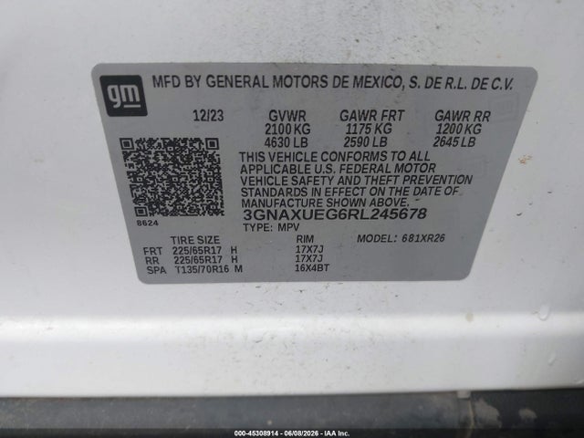Aukcja sprzedaży 2024 Chevrolet Equinox Awd Lt, vin: 3GNAXUEG6RL245678, numer aukcji: 45308914