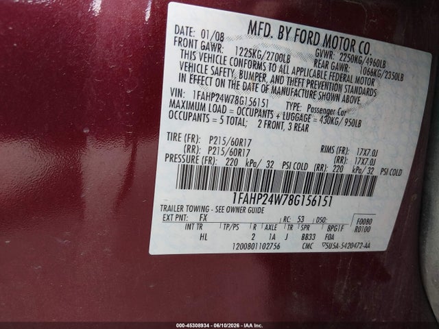 Aukcja sprzedaży 2008 Ford Taurus Sel, vin: 1FAHP24W78G156151, numer aukcji: 45308934